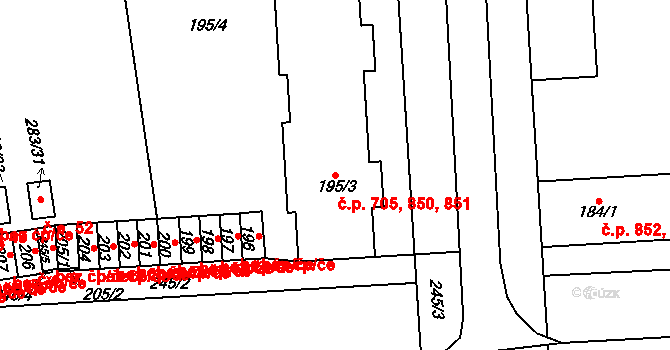 Pohořelice 705,850,851 na parcele st. 195/3 v KÚ Pohořelice nad Jihlavou, Katastrální mapa