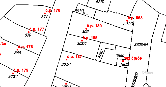 Dobřany 188 na parcele st. 303/1 v KÚ Dobřany, Katastrální mapa