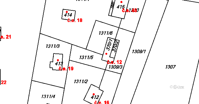 Jevišovice 12 na parcele st. 370/1 v KÚ Jevišovice, Katastrální mapa