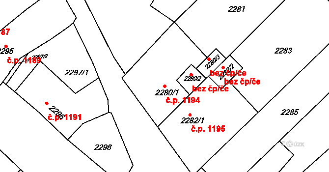 Rakšice 1194, Moravský Krumlov na parcele st. 2280/1 v KÚ Moravský Krumlov, Katastrální mapa