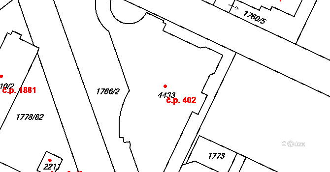 Nymburk 402 na parcele st. 4433 v KÚ Nymburk, Katastrální mapa