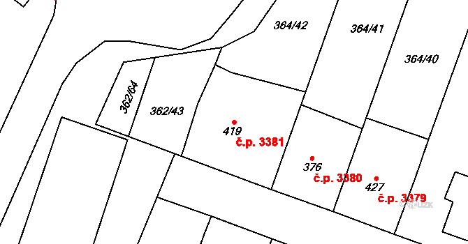 Jihlava 3381 na parcele st. 419 v KÚ Bedřichov u Jihlavy, Katastrální mapa