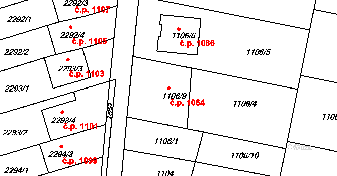 Lyžbice 1064, Třinec na parcele st. 1106/9 v KÚ Lyžbice, Katastrální mapa