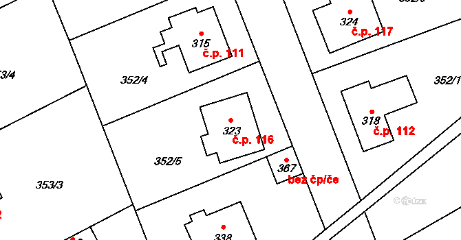 Horní Bezděkov 116 na parcele st. 323 v KÚ Horní Bezděkov, Katastrální mapa