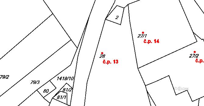 Radkov 13 na parcele st. 28 v KÚ Radkov u Telče, Katastrální mapa