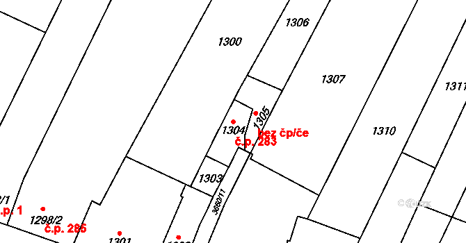 Křečkovice 283, Vyškov na parcele st. 1304 v KÚ Vyškov, Katastrální mapa