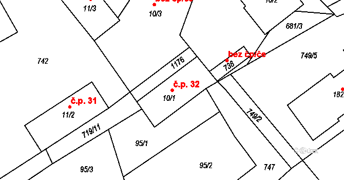 Hořešovice 32 na parcele st. 10/1 v KÚ Hořešovice, Katastrální mapa