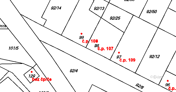 Cerhýnky 107, Cerhenice na parcele st. 98 v KÚ Cerhýnky, Katastrální mapa