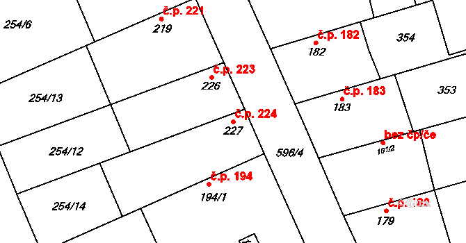 Veltruby 224 na parcele st. 227 v KÚ Veltruby, Katastrální mapa