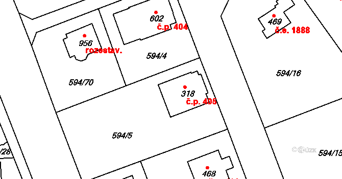 Olešovice 405, Kamenice na parcele st. 318 v KÚ Ládví, Katastrální mapa