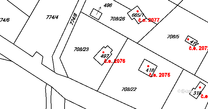Skuheř 2076, Kamenice na parcele st. 497 v KÚ Těptín, Katastrální mapa