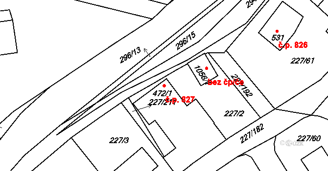 Švermov 827, Kladno na parcele st. 472/1 v KÚ Hnidousy, Katastrální mapa