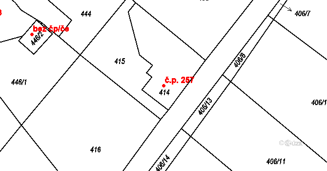 Donín 257, Hrádek nad Nisou na parcele st. 414 v KÚ Donín u Hrádku nad Nisou, Katastrální mapa