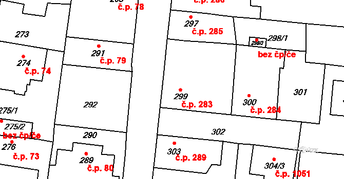 Kosmonosy 283 na parcele st. 299 v KÚ Kosmonosy, Katastrální mapa