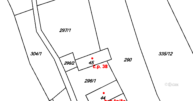 Houska 38, Blatce na parcele st. 45 v KÚ Houska, Katastrální mapa