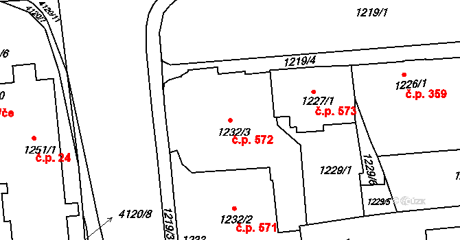 Podmoklice 572, Semily na parcele st. 1232/3 v KÚ Semily, Katastrální mapa