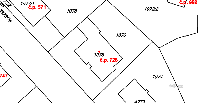 Žamberk 728 na parcele st. 1075 v KÚ Žamberk, Katastrální mapa