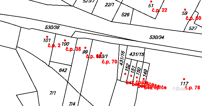 Slavice 70, Třebíč na parcele st. 103/1 v KÚ Slavice, Katastrální mapa