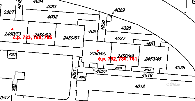 Komín 780,781,782, Brno na parcele st. 2450/50 v KÚ Komín, Katastrální mapa
