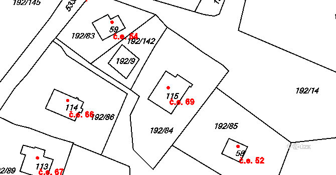 Mradice 69, Postoloprty na parcele st. 115 v KÚ Mradice, Katastrální mapa