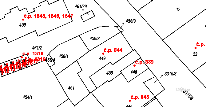 Pelhřimov 844 na parcele st. 449 v KÚ Pelhřimov, Katastrální mapa