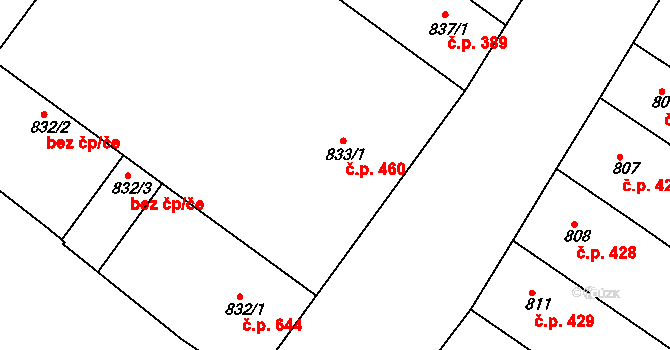 Teplice 460 na parcele st. 833/1 v KÚ Teplice, Katastrální mapa