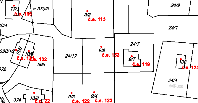 Cetnov 153, Cheb na parcele st. 9/8 v KÚ Cetnov, Katastrální mapa