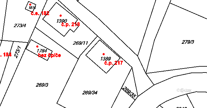 Pecínov 217, Nové Strašecí na parcele st. 1389 v KÚ Nové Strašecí, Katastrální mapa