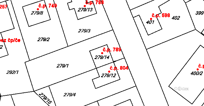 Řeporyje 789, Praha na parcele st. 279/14 v KÚ Řeporyje, Katastrální mapa