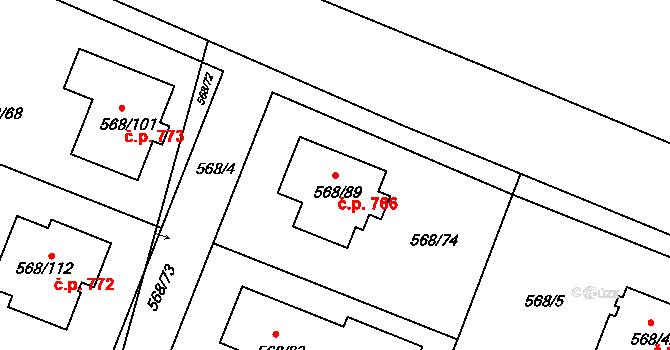 Šeberov 766, Praha na parcele st. 568/89 v KÚ Šeberov, Katastrální mapa