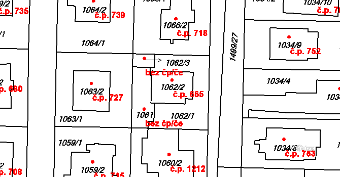 Dolní Chabry 665, Praha na parcele st. 1062/2 v KÚ Dolní Chabry, Katastrální mapa