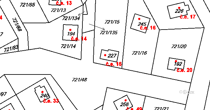 Kozárovice 15 na parcele st. 227 v KÚ Kozárovice, Katastrální mapa