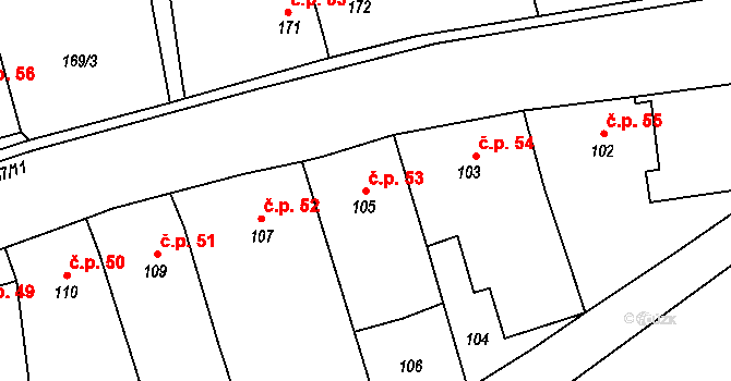 Číčenice 53 na parcele st. 105 v KÚ Číčenice, Katastrální mapa