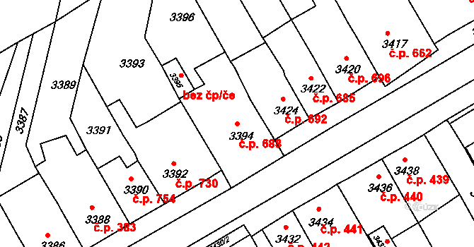 Jirkov 688 na parcele st. 3394 v KÚ Jirkov, Katastrální mapa