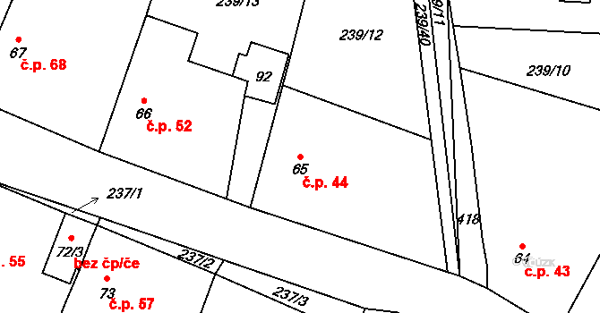 Pučery 44, Kořenice na parcele st. 65 v KÚ Pučery, Katastrální mapa