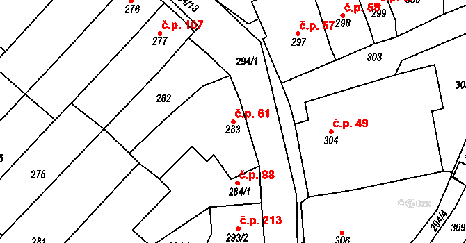 Královopolské Vážany 61, Rousínov na parcele st. 283 v KÚ Královopolské Vážany, Katastrální mapa