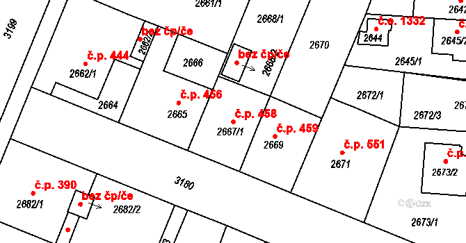 Bolevec 458, Plzeň na parcele st. 2667/1 v KÚ Bolevec, Katastrální mapa