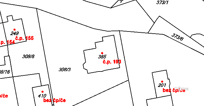 Černá za Bory 193, Pardubice na parcele st. 385 v KÚ Černá za Bory, Katastrální mapa