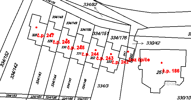 Bradlec 243 na parcele st. 332 v KÚ Bradlec, Katastrální mapa