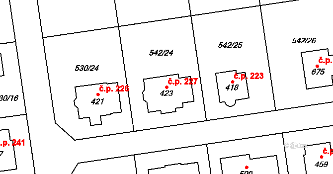 Staré Hradiště 227 na parcele st. 423 v KÚ Staré Hradiště, Katastrální mapa