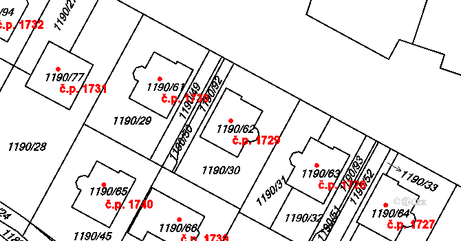 Hostivice 1729 na parcele st. 1190/62 v KÚ Hostivice, Katastrální mapa