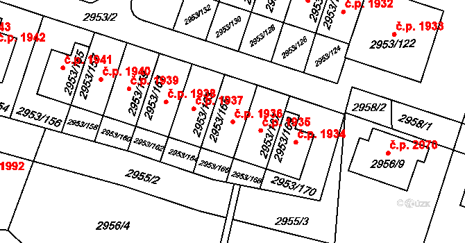 Kadaň 1936 na parcele st. 2953/165 v KÚ Kadaň, Katastrální mapa