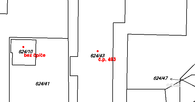 Všetuly 493, Holešov na parcele st. 624/43 v KÚ Všetuly, Katastrální mapa