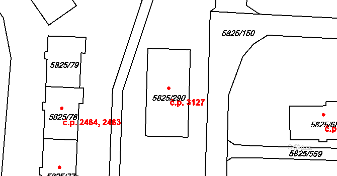 Česká Lípa 3127 na parcele st. 5825/290 v KÚ Česká Lípa, Katastrální mapa