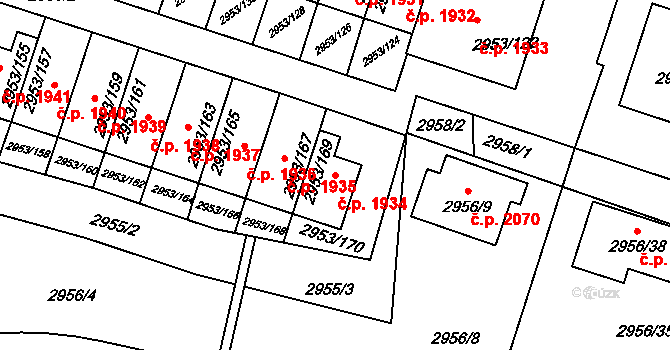 Kadaň 1934 na parcele st. 2953/169 v KÚ Kadaň, Katastrální mapa