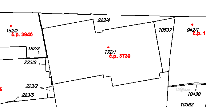 Hodonín 3739 na parcele st. 172/1 v KÚ Hodonín, Katastrální mapa
