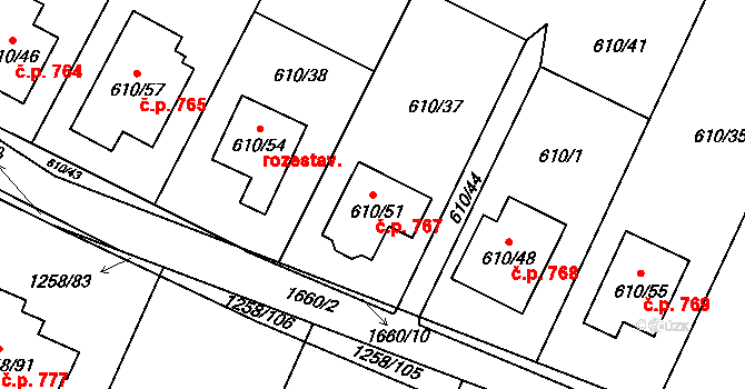 Drnovice 767 na parcele st. 610/51 v KÚ Drnovice u Vyškova, Katastrální mapa