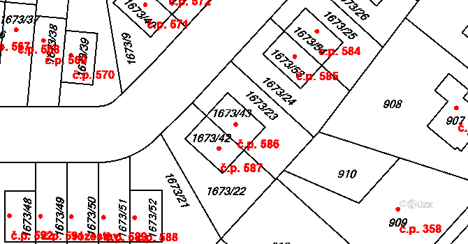 Hřebeč 586 na parcele st. 1673/43 v KÚ Hřebeč, Katastrální mapa