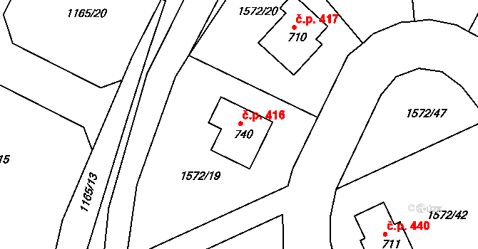 Štoky 416 na parcele st. 740 v KÚ Štoky, Katastrální mapa