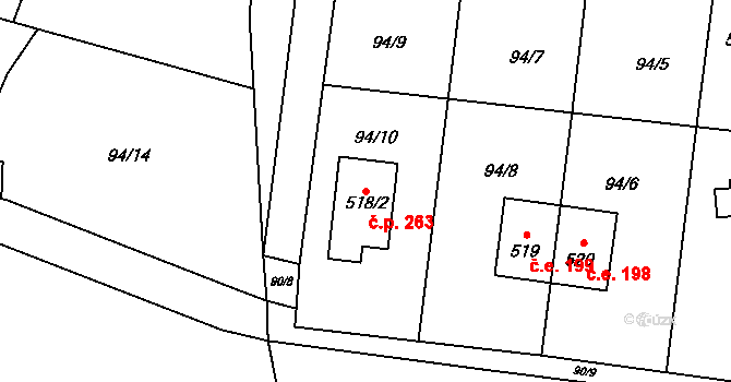 Struhařov 263 na parcele st. 518/2 v KÚ Struhařov u Mnichovic, Katastrální mapa